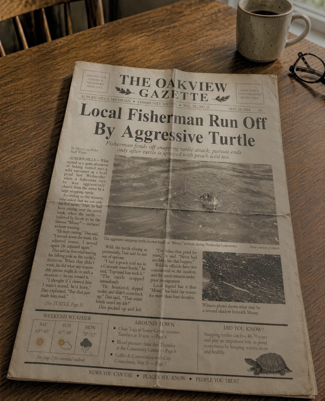 Photographed Oakview Gazette on a coffee table, reporting that a local fisherman was run off by an aggressive turtle known as Mossy.