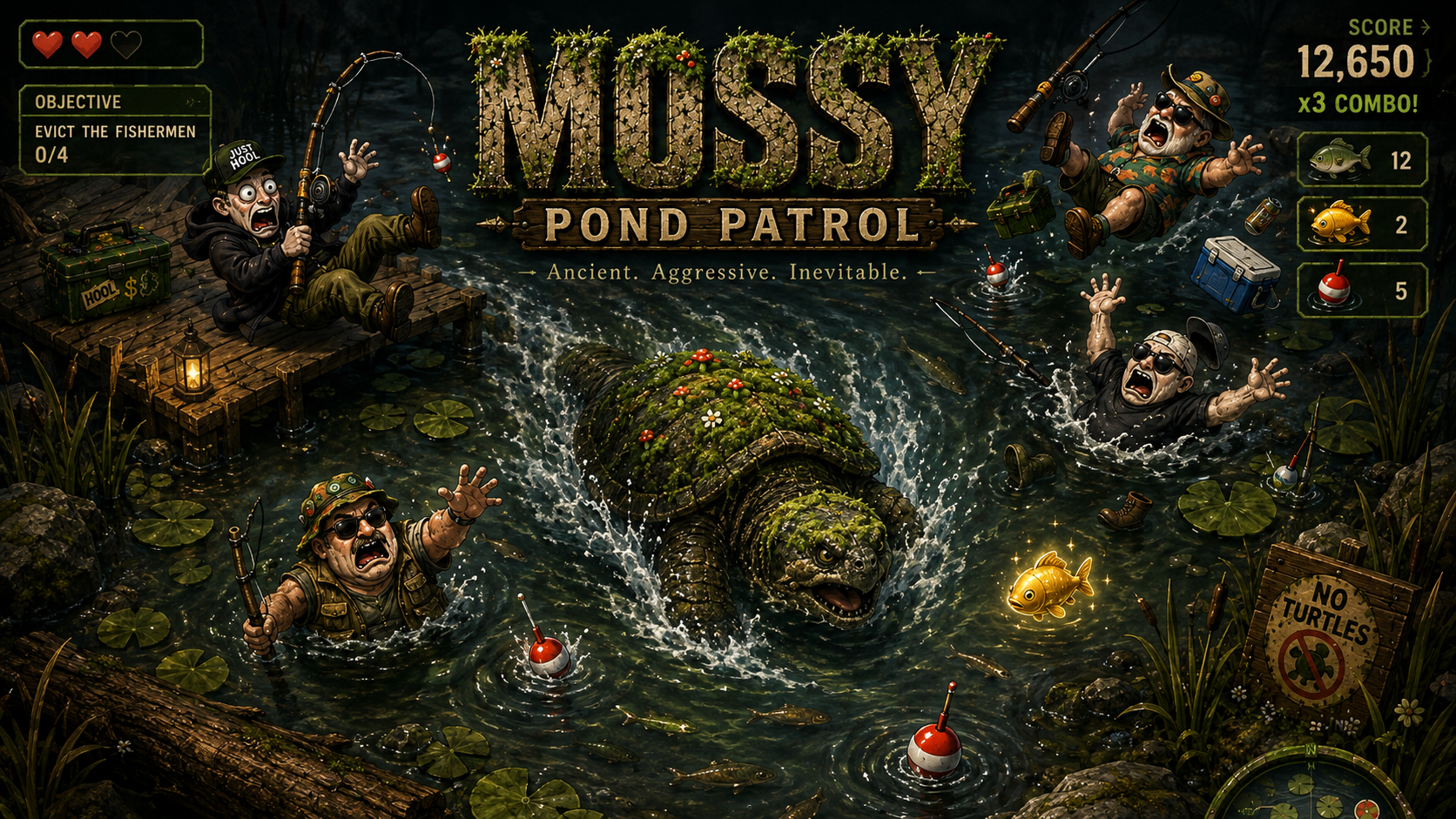 Mossy Pond Patrol launch art: Mossy bursts from the pond as fishermen flee